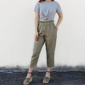 Olive Ruffle Tie Waist Paper Bag Pants